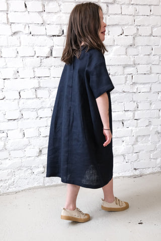Simple Dress - med erme | Lin | Navy