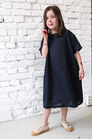 Simple Dress - med erme | Lin | Navy