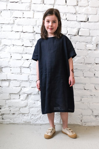 Simple Dress - med erme | Lin | Navy